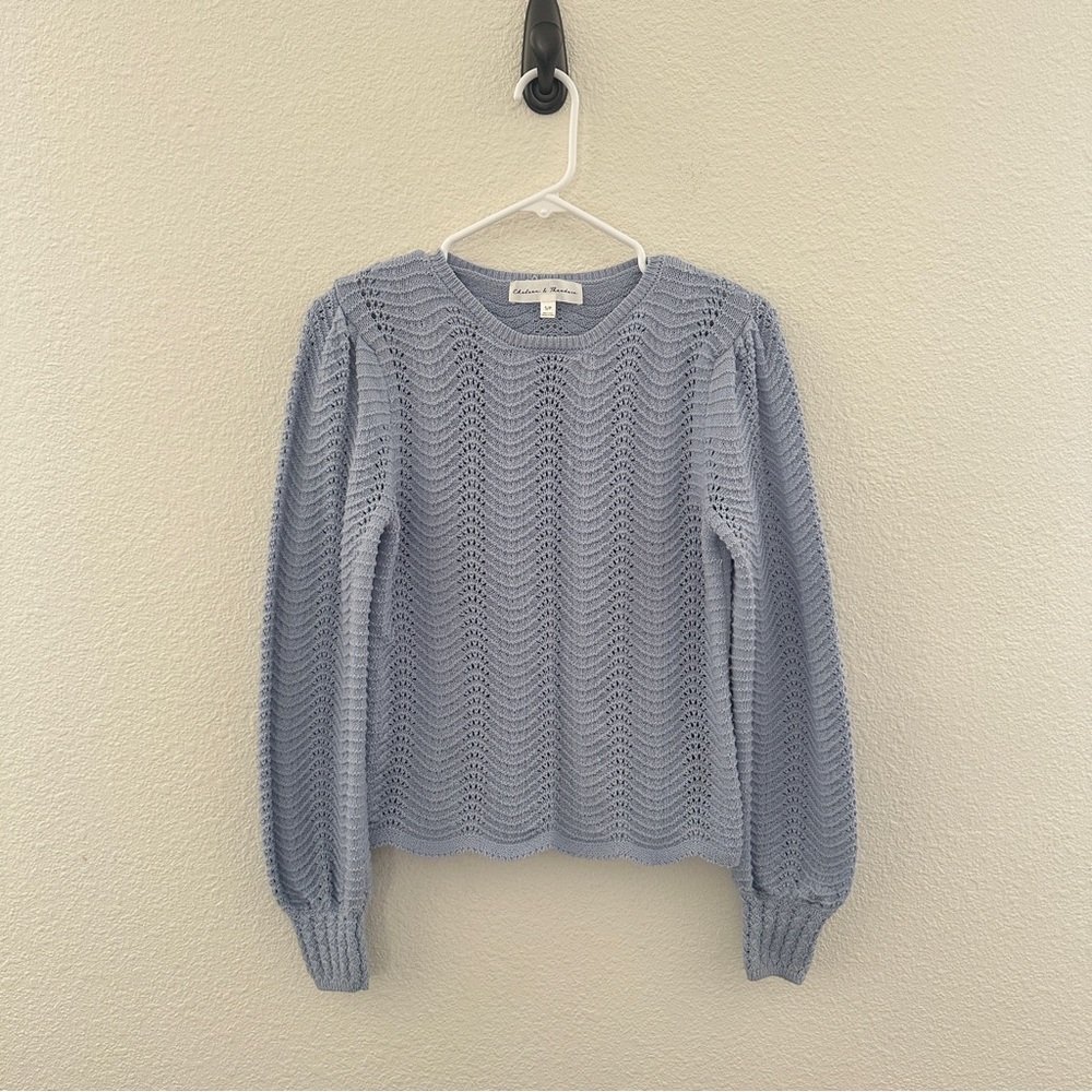 Chelsea‎ & Theodore Sweater Women S Blue Pointelle Knit Scalloped Long Sleeve